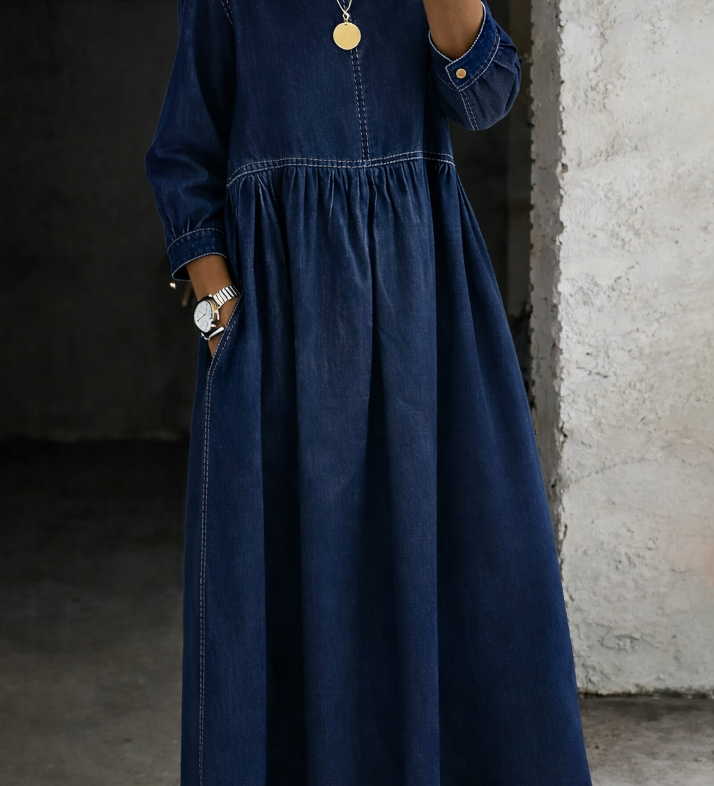 Zephyrelle | Jeansowa Sukienka Maxi w Stylu Vintage