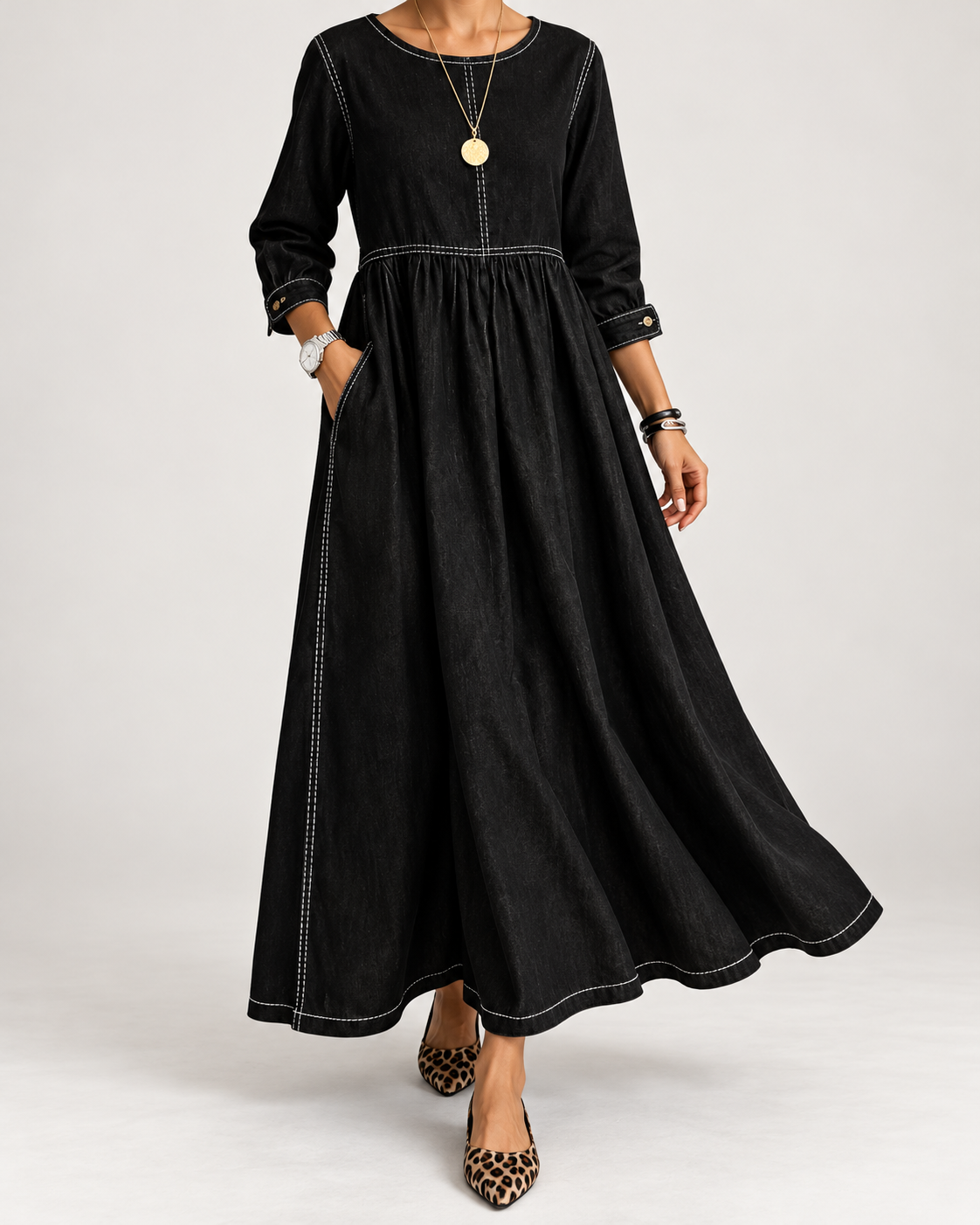 Zephyrelle | Jeansowa Sukienka Maxi w Stylu Vintage