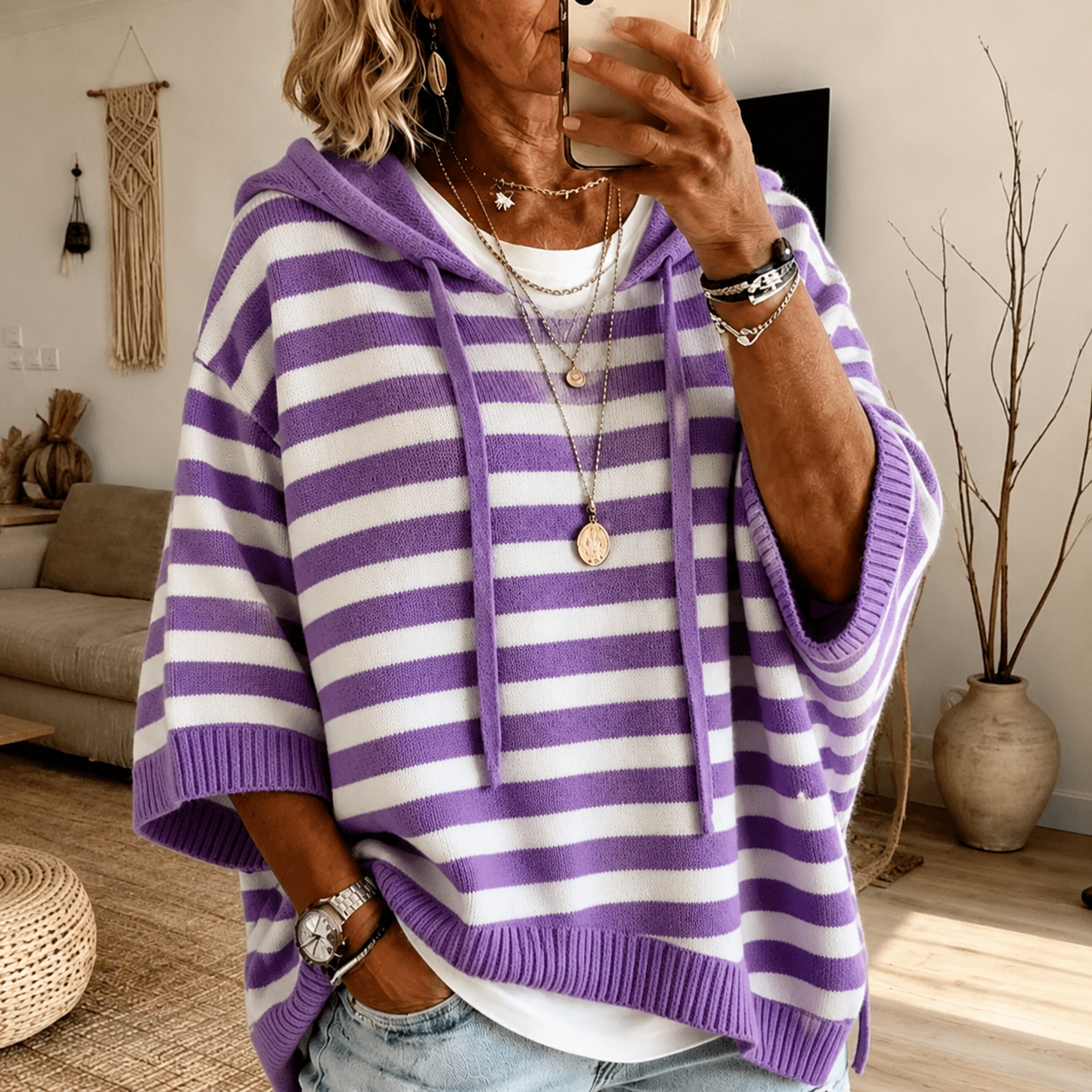 Aurelia | Sweter Ponczo w Fioletowe Paski