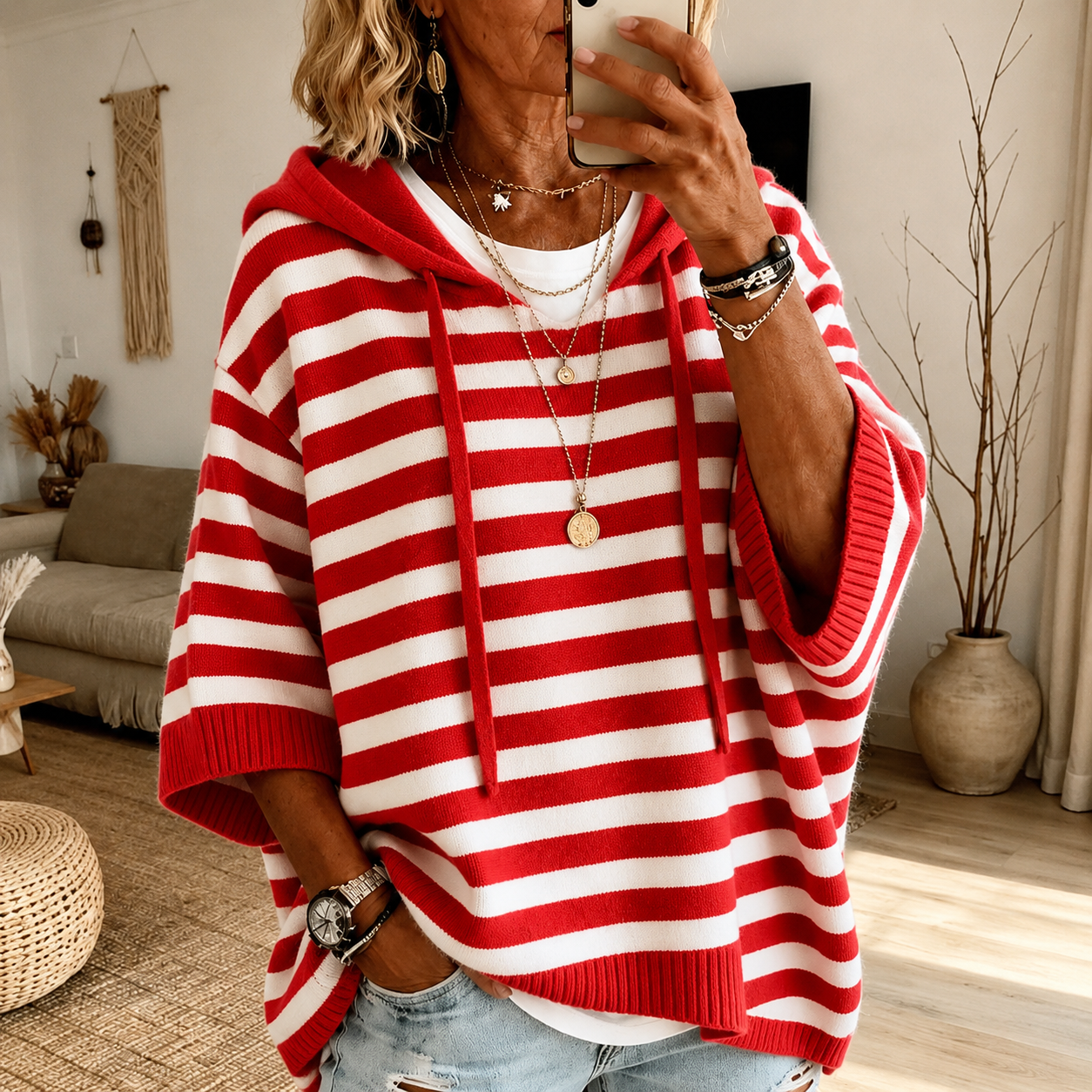 Michalina | Sweter Ponczo w Czerwone Paski