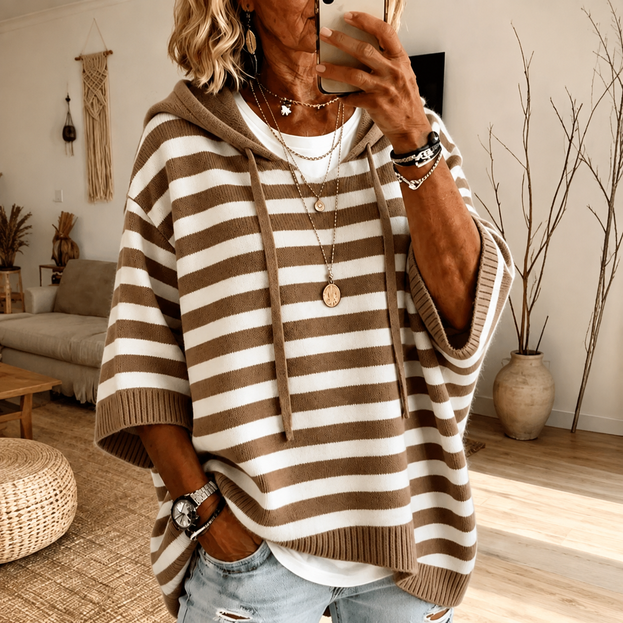 Lucja | Sweter Ponczo w Szarobeżowe Paski