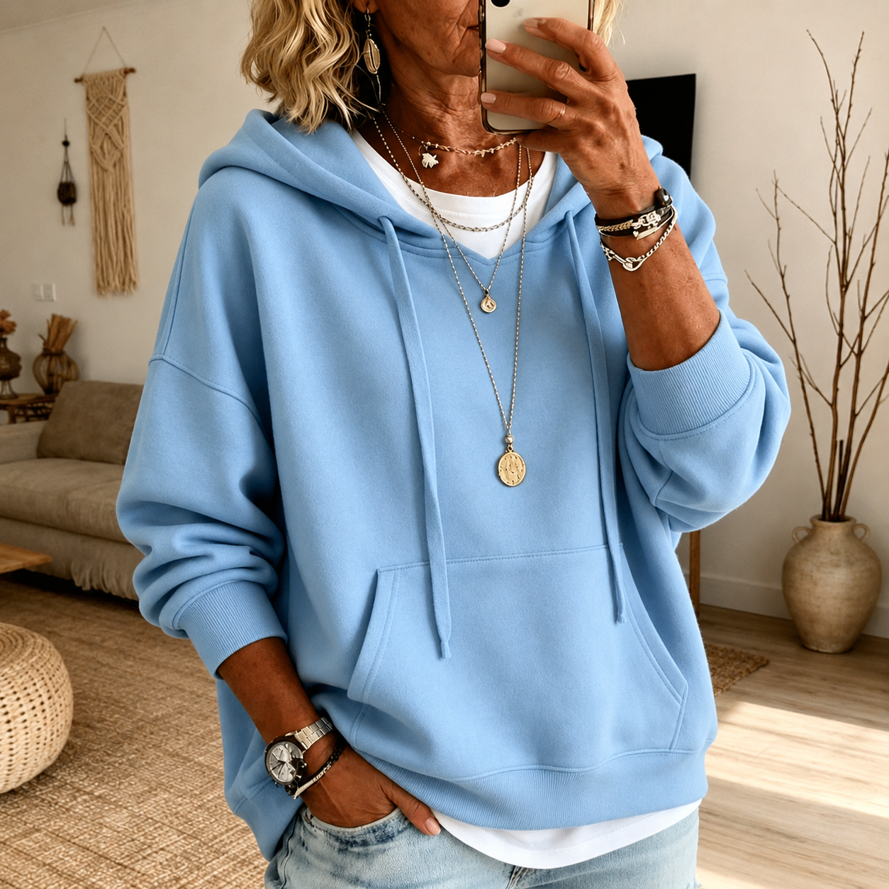 Nina | Błękitny Sweter Oversize z Kapturem