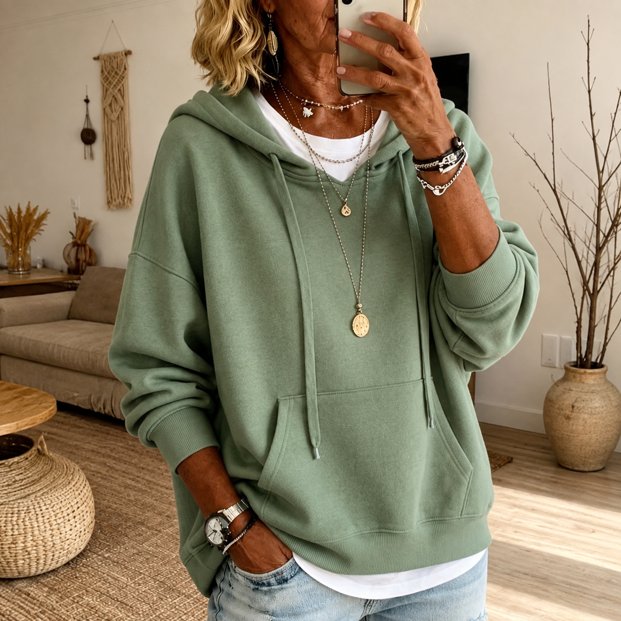 Inga | Szałwiowy Sweter Oversize z Kapturem