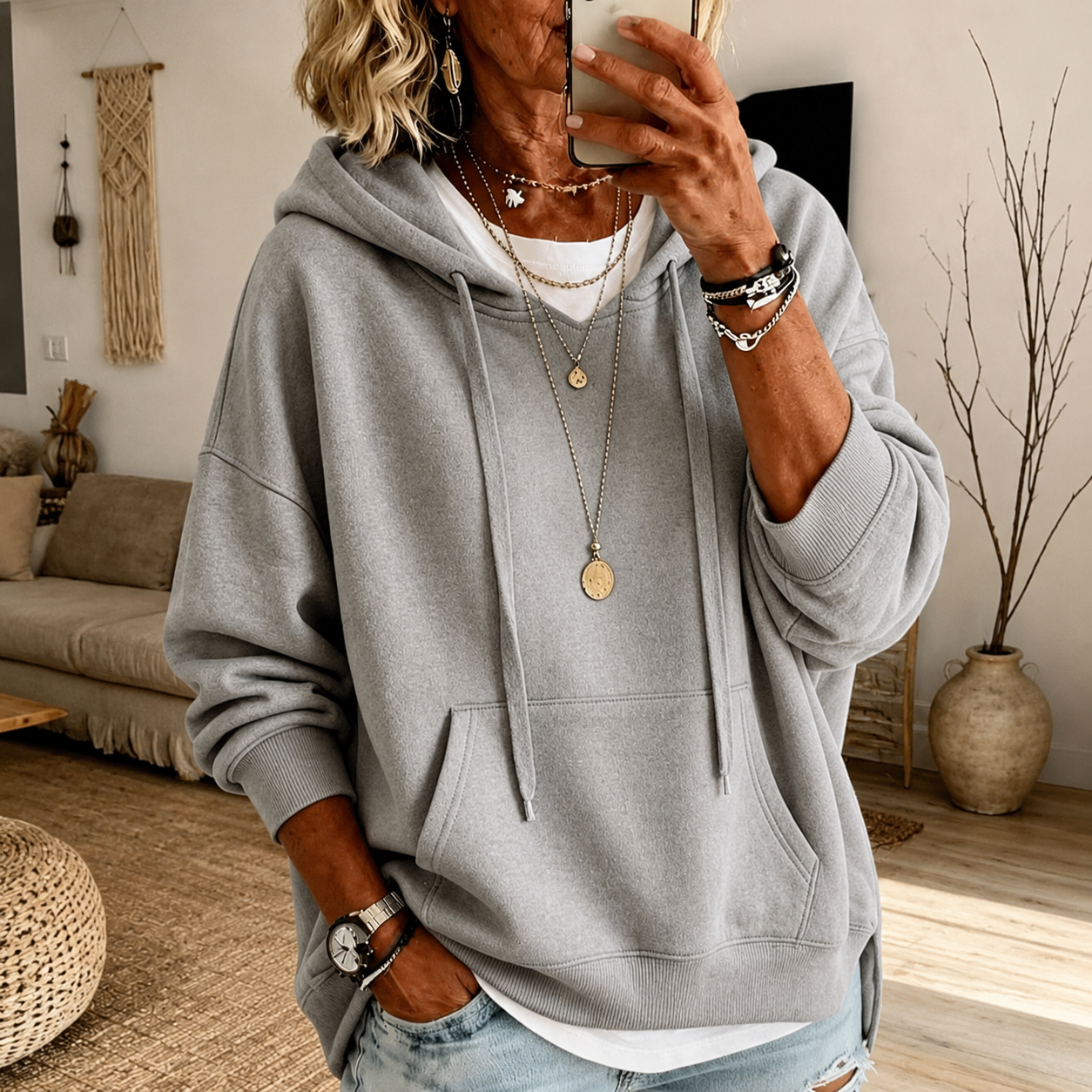 Eliza | Jasnoszary Sweter Oversize z Kapturem